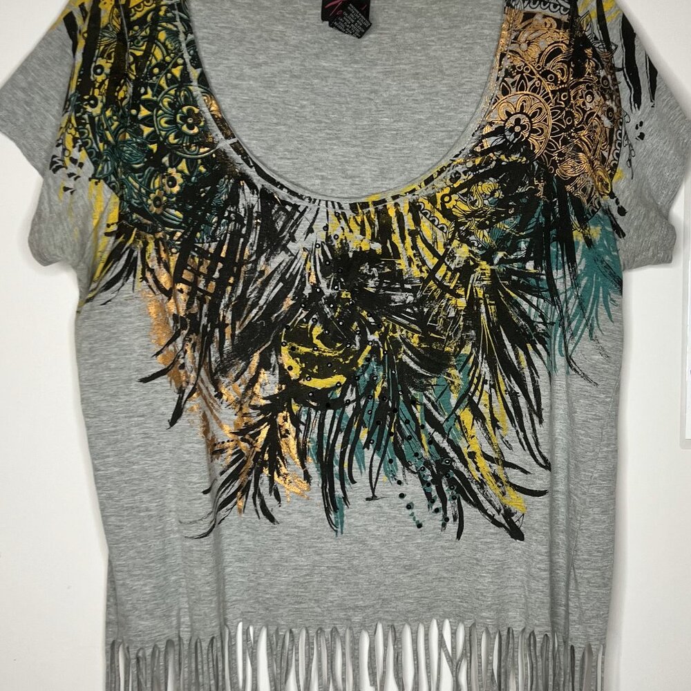 Torrid Plus Size Feather Print Fringe Detail Grey… - image 1
